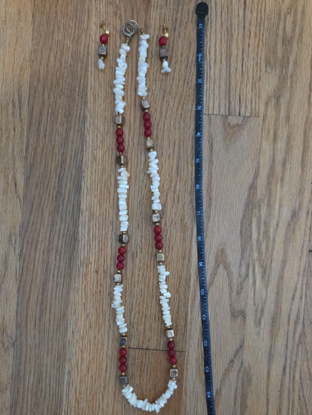 Handmade White and Red Beaded Necklace with Matching Earrings